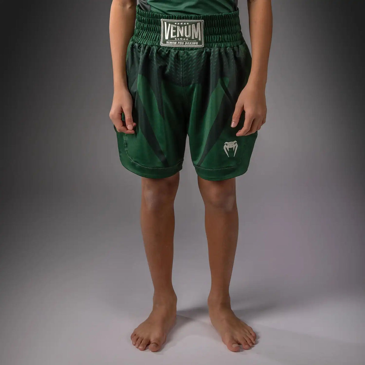 Venum Attack Kids Boxing Shorts - Forest Green/ Off White