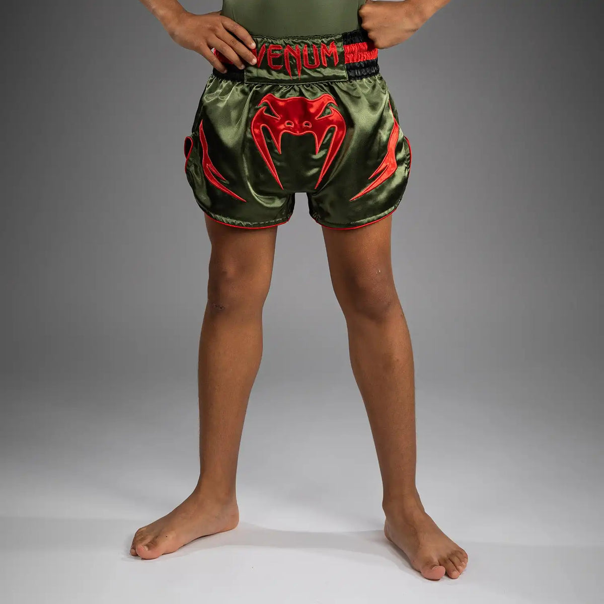 Venum Inferno Kids Muay Thai Shorts - Army Green/Orange